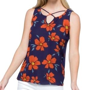 Fortune + Ivy Blue Split Floral Neck Sleeveless Blouse - Size Large
